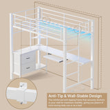 Asofer Twin Loft Bed Frame w/L-Shaped Desk, RGB Lights & Charging, Safety Rails & Shelves - White