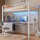 Asofer Twin Loft Bed Frame w/L-Shaped Desk, RGB Lights & Charging, Safety Rails & Shelves - White