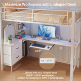 Asofer Twin Loft Bed w/ L-Shaped Desk & LED Lights | Charging Station, Storage Shelves & Safety Guard | No Box Spring, White