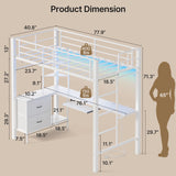 Asofer Twin Loft Bed Frame w/L-Shaped Desk, RGB Lights & Charging, Safety Rails & Shelves - White