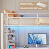 Asofer Twin Loft Bed Frame w/L-Shaped Desk, RGB Lights & Charging, Safety Rails & Shelves - White