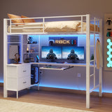Asofer Twin Loft Bed Frame w/L-Shaped Desk, RGB Lights & Charging, Safety Rails & Shelves - White