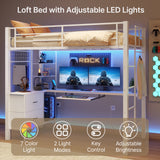 Asofer Twin Loft Bed Frame w/L-Shaped Desk, RGB Lights & Charging, Safety Rails & Shelves - White