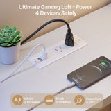 Asofer Twin Loft Bed Frame w/L-Shaped Desk, RGB Lights & Charging, Safety Rails & Shelves - White