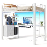 Asofer Twin Loft Bed Frame w/L-Shaped Desk, RGB Lights & Charging, Safety Rails & Shelves - White