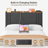 Asofer Full Bed Frame with Charging Station and LED Lights,Upholstered Wingback Platform Bed with Wooden Slats,Dark Gray