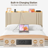 Asofer Full Beige Upholstered Platform Bed Frame with LED Light Strip & Built-In Charging Station, Wood Slat Support, Under-Bed Storage, No Box Spring Required