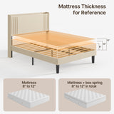 Asofer Full Beige Upholstered Platform Bed Frame with LED Light Strip & Built-In Charging Station, Wood Slat Support, Under-Bed Storage, No Box Spring Required