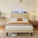 Asofer Full Bed Frame w/Upholstered Wingback, Wood Slats, Charging Station & LED Lights, Beige