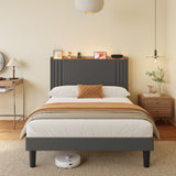 Asofer Full Bed Frame with Charging Station and LED Lights,Upholstered Wingback Platform Bed with Wooden Slats,Dark Gray