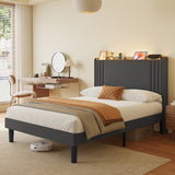 Asofer Full Bed Frame with Charging Station and LED Lights,Upholstered Wingback Platform Bed with Wooden Slats,Dark Gray