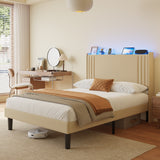 Asofer Full Bed Frame w/Upholstered Wingback, Wood Slats, Charging Station & LED Lights, Beige