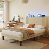 Asofer Full Bed Frame with Charging Station and LED Lights,Upholstered Wingback Platform Bed with Wooden Slats,Beige