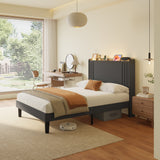 Asofer Full Bed Frame with Charging Station and LED Lights,Upholstered Wingback Platform Bed with Wooden Slats,Dark Gray