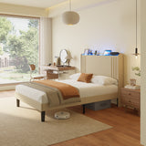 Asofer Full Bed Frame with Charging Station and LED Lights,Upholstered Wingback Platform Bed with Wooden Slats,Beige