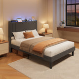 Asofer Full Bed Frame with Charging Station and LED Lights,Upholstered Wingback Platform Bed with Wooden Slats,Dark Gray