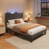 Asofer Full Dark Gray Upholstered Platform Bed Frame with LED Light Strip & Built-In Charging Station, Wood Slat Support, Under-Bed Storage, No Box Spring Required