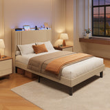 Asofer Full Bed Frame w/Upholstered Wingback, Wood Slats, Charging Station & LED Lights, Beige