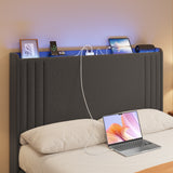 Asofer Full Bed Frame with Charging Station and LED Lights,Upholstered Wingback Platform Bed with Wooden Slats,Dark Gray