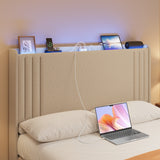 Asofer Full Bed Frame w/Upholstered Wingback, Wood Slats, Charging Station & LED Lights, Beige