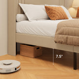 Asofer Full Bed Frame w/Upholstered Wingback, Wood Slats, Charging Station & LED Lights, Beige