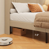Asofer Full Bed Frame with Charging Station and LED Lights,Upholstered Wingback Platform Bed with Wooden Slats,Beige