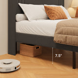 Asofer Full Bed Frame with Charging Station and LED Lights,Upholstered Wingback Platform Bed with Wooden Slats,Dark Gray