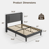 Asofer Full Bed Frame with Charging Station and LED Lights,Upholstered Wingback Platform Bed with Wooden Slats,Dark Gray