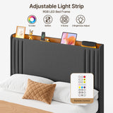 Asofer Full Dark Gray Upholstered Platform Bed Frame with LED Light Strip & Built-In Charging Station, Wood Slat Support, Under-Bed Storage, No Box Spring Required