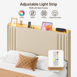 Asofer Full Beige Upholstered Platform Bed Frame with LED Light Strip & Built-In Charging Station, Wood Slat Support, Under-Bed Storage, No Box Spring Required