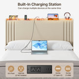 Asofer Queen Bed Frame w/Upholstered Wingback, Wood Slats, Charging Station & LED Lights, Beige