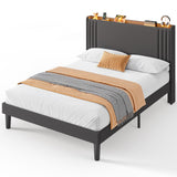 Asofer Queen Bed Frame with Charging Station and LED Lights,Upholstered Wingback Platform Bed with Wooden Slats,Dark Gray