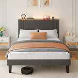 Asofer Queen Bed Frame with Charging Station and LED Lights,Upholstered Wingback Platform Bed with Wooden Slats,Dark Gray