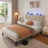Asofer Queen Bed Frame w/Upholstered Wingback, Wood Slats, Charging Station & LED Lights, Beige