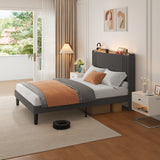 Asofer Queen Bed Frame with Charging Station and LED Lights,Upholstered Wingback Platform Bed with Wooden Slats,Dark Gray