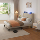 Asofer Queen Bed Frame w/Upholstered Wingback, Wood Slats, Charging Station & LED Lights, Beige