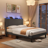 Asofer Queen Bed Frame with Charging Station and LED Lights,Upholstered Wingback Platform Bed with Wooden Slats,Dark Gray