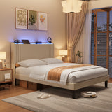 Asofer Queen Bed Frame w/Upholstered Wingback, Wood Slats, Charging Station & LED Lights, Beige