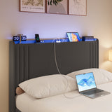 Asofer Queen Bed Frame with Charging Station and LED Lights,Upholstered Wingback Platform Bed with Wooden Slats,Dark Gray