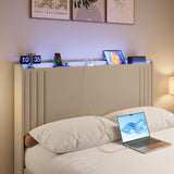 Asofer Queen Bed Frame w/Upholstered Wingback, Wood Slats, Charging Station & LED Lights, Beige