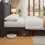 Asofer Queen Bed Frame with Charging Station and LED Lights,Upholstered Wingback Platform Bed with Wooden Slats,Dark Gray