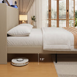 Asofer Queen Bed Frame w/Upholstered Wingback, Wood Slats, Charging Station & LED Lights, Beige
