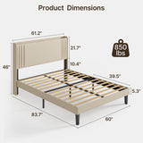 Asofer Queen Bed Frame w/Upholstered Wingback, Wood Slats, Charging Station & LED Lights, Beige