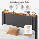 Asofer Queen Bed Frame with Charging Station and LED Lights,Upholstered Wingback Platform Bed with Wooden Slats,Dark Gray