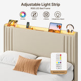 Asofer Queen Bed Frame w/Upholstered Wingback, Wood Slats, Charging Station & LED Lights, Beige