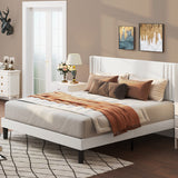 Asofer Queen Bed Frame, Upholstered Platform w/Wingback Headboard & Wood Slats - Quiet, White