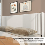 Asofer Queen Bed Frame, Upholstered Platform w/Wingback Headboard & Wood Slats - Quiet, White