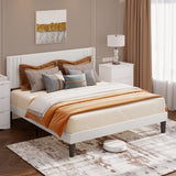 Asofer Queen Bed Frame, Upholstered Platform w/Wingback Headboard & Wood Slats - Quiet, White