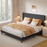 Asofer King Bed Frame with Wingback Headboard, Upholstered Platform Bed with Modern Geometric Headboard, Wooden Slats,Dark Gray