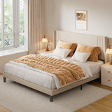 King-size Bed Frame with Wing-back Headboard, Asofer Upholstered Platform Bed with Minimalist Headboard for the Bedroom Beige.